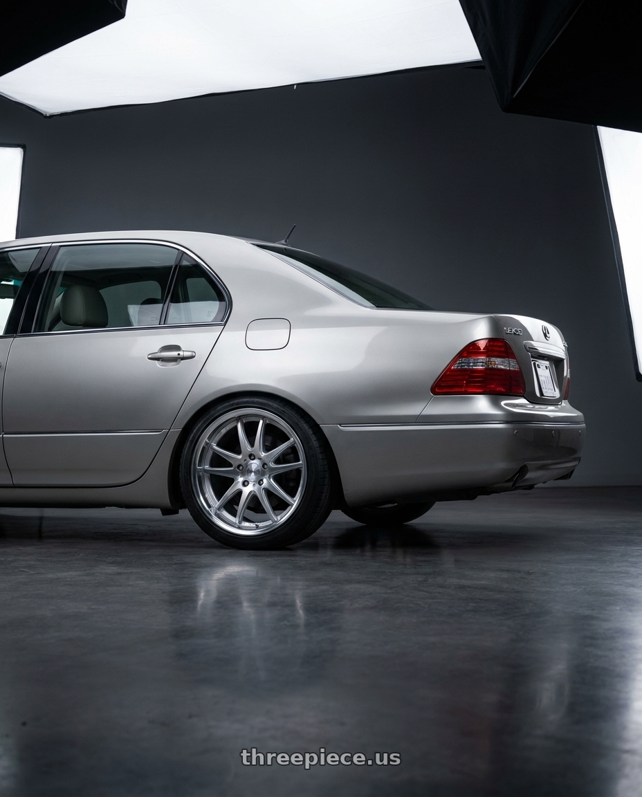 2005 Lexus LS430 Mercury Metallic with Cray MANTA 5X120.65 18X10.5 +65 HYPER SILVER W/ MIRROR CUT LIP wheels rear three quarter view square tires