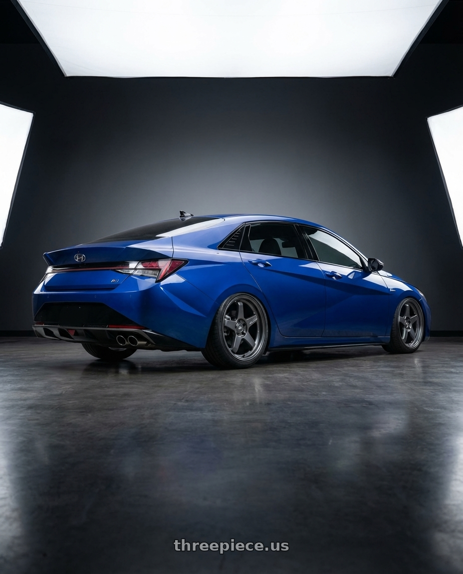 2025 Elantra N Line  with Kansei K12G KNP 5X100 17x9 35 Gunmetal wheels rear three quarter view square tires