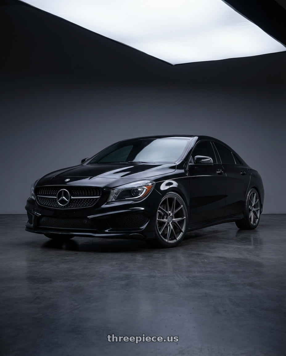 2018 Mercedes-Benz CLA C117 with Niche 1PC M116 MISANO 5X112 19X8.5 +25 MATTE GUN METAL wheels front three quarter view lowered stance