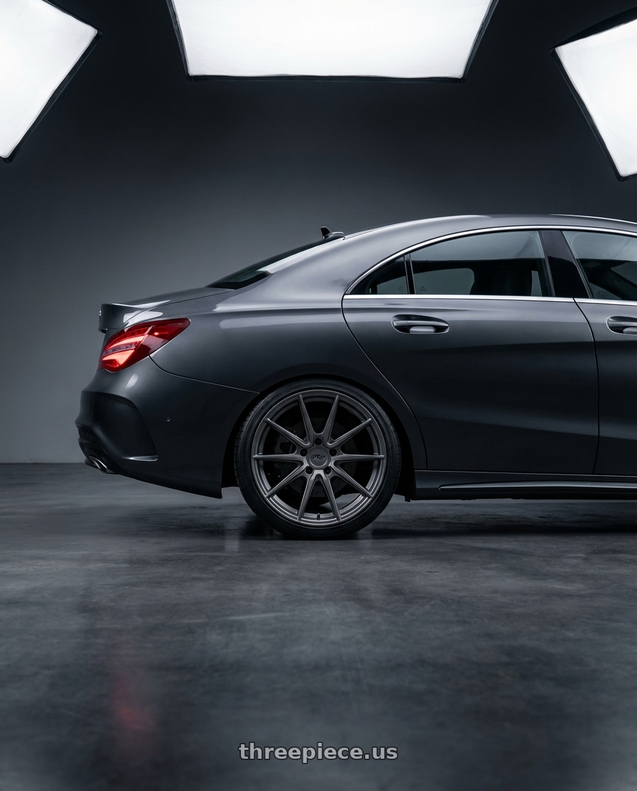 2018 Mercedes-Benz CLA C117 with Niche 1PC M116 MISANO 5X112 19X8.5 +25 MATTE GUN METAL wheels rear three quarter view square tires