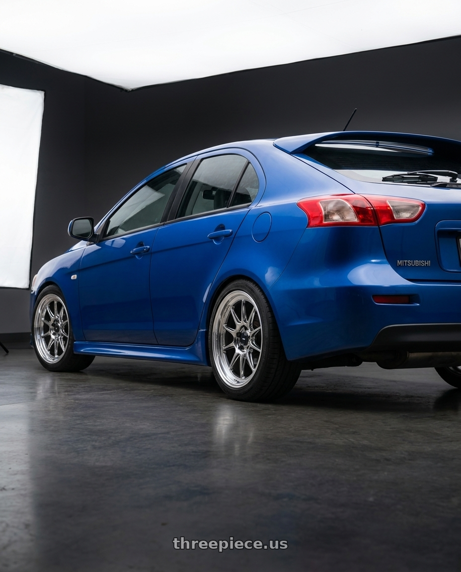 2010 Mitsubishi Lancer Sportback GTS with Konig Countergram 5x114.3 17x8+38 Hyper Chrome / Machined Lip wheels rear three quarter view square tires