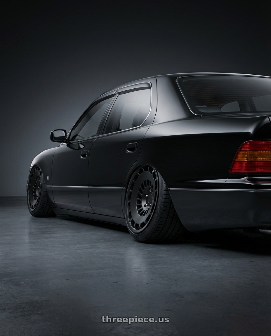 1996 toyota celsior.  with Rotiform 1PC R137 CCV 5X112 19X8.5 +45 MATTE BLACK wheels rear three quarter view extreme stretch tires