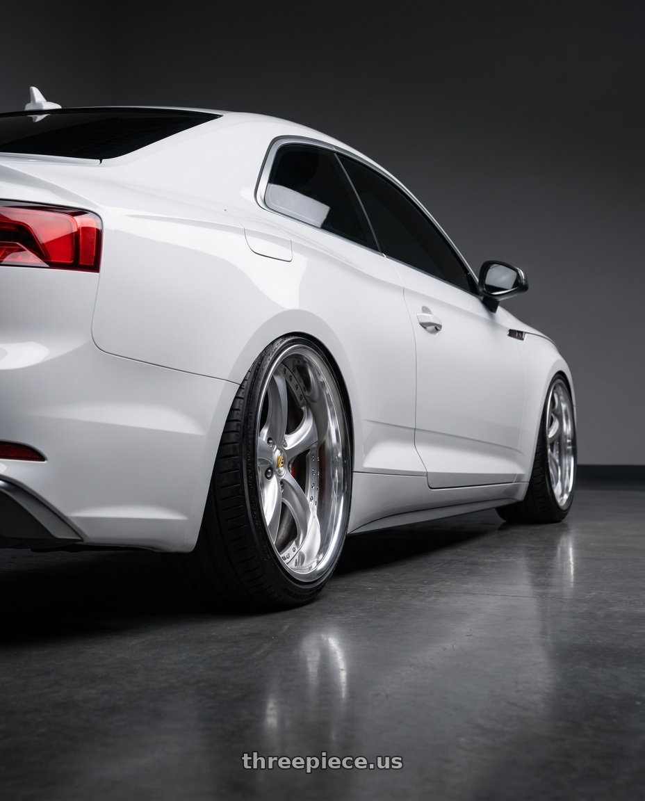2018 Audi S5 white with Work Wheels VS-KF 5x112 18x8.5+27 Light Grey Silver R Disk FULL REVERSE wheels rear three quarter view extreme stretch tires