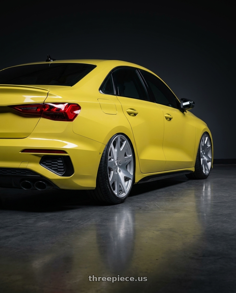 2023 Audi S3 with MRR HR3 5x112 19x8.5  +45 Silver Machine Face wheels rear three quarter view slight stretch tires