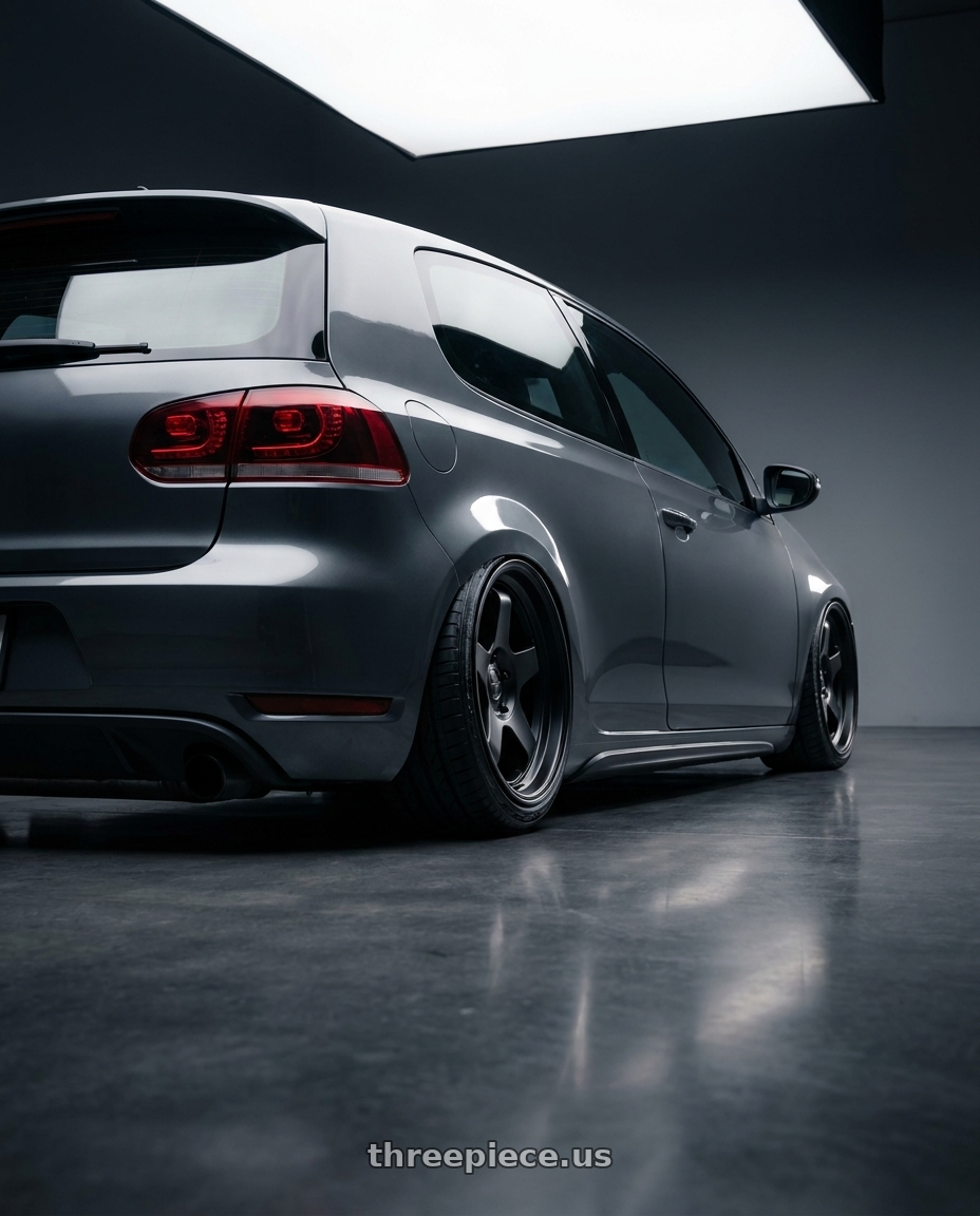 2013 Volkswagen GTI MK6 with fifteen52 CHICANE 5x112 / 5x120 18x8.5 +35 ASPHALT BLACK (SATIN BLACK) wheels rear three quarter view slight stretch tires