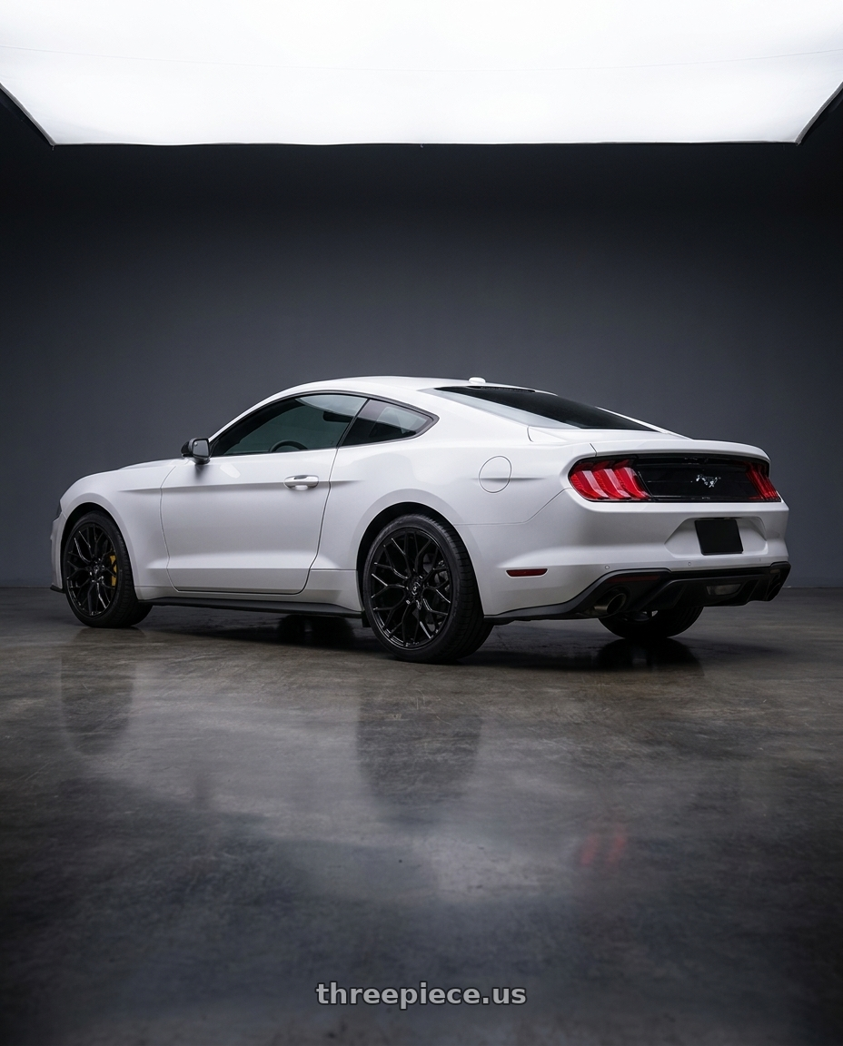 2022 Ford Mustang2.3 with DOLCE PERFORMANCE PISTA 5x114.3 18x8.5 +35 Gloss Black wheels rear three quarter view square tires