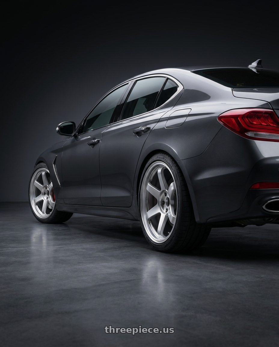 2019 Genesis G70 with Volk Racing TE37 ULTRA M-SPEC 5x114.3 19x9.5 +22 DIAMOND SILVER wheels rear three quarter view square tires
