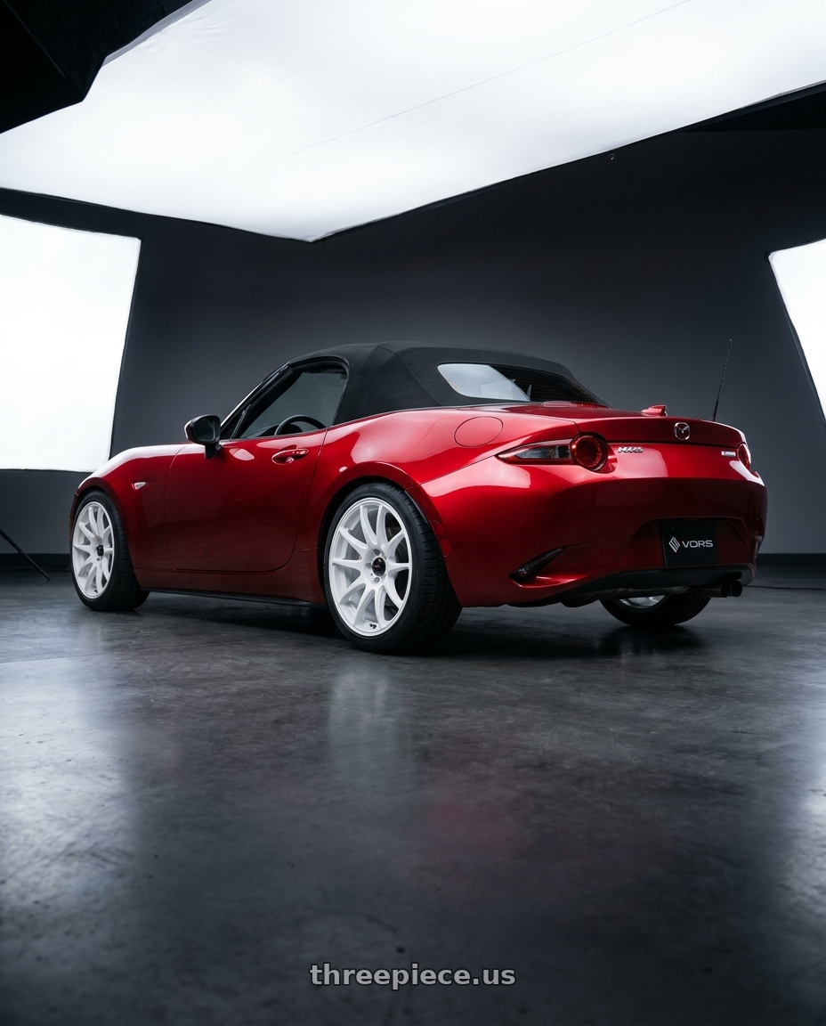 2024 mazda mx5 with Vors TR4 4x100/4x114.3 17x8  +35 White wheels rear three quarter view square tires