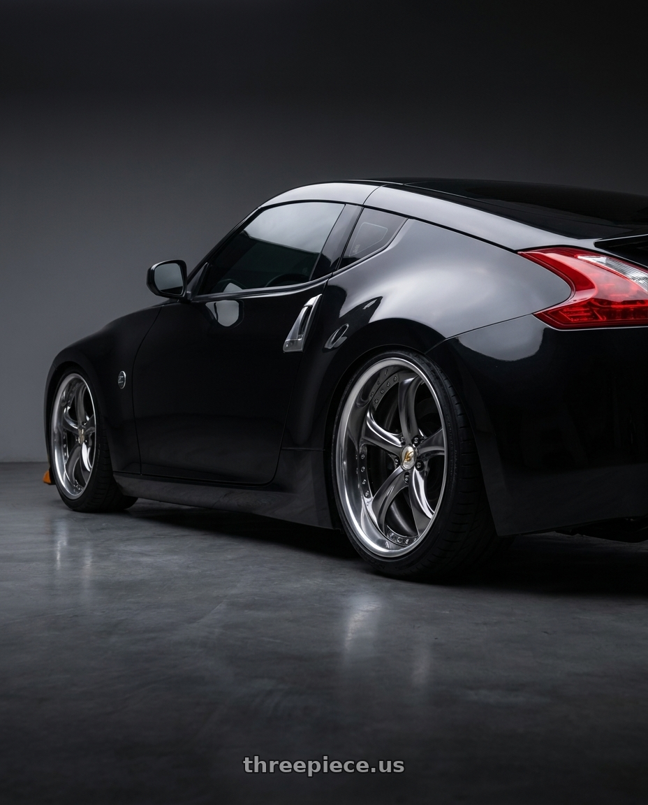 2009 nissan 370z with Work Wheels VS-KF 5X114.3 19x9.5-29 Brilliant Silver Black A Disk FULL REVERSE wheels rear three quarter view slight stretch tires