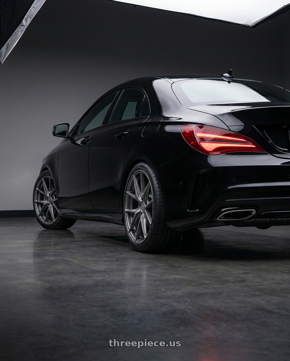 2018 Mercedes-Benz CLA C117 with Niche 1PC M116 MISANO 5X112 19X9.5 +38 MATTE GUN METAL wheels rear three quarter view square tires
