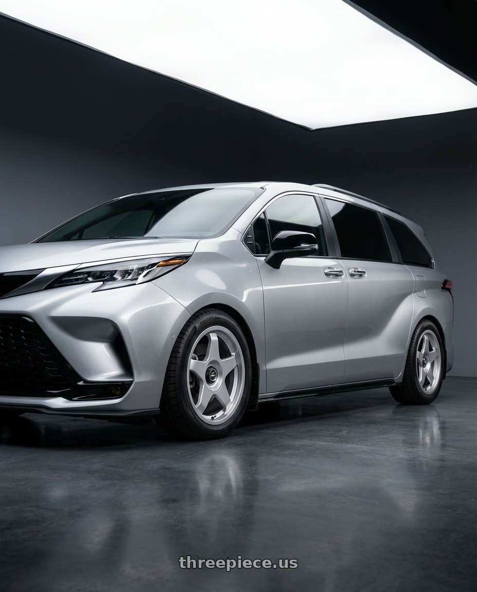 2022 Toyota Sienna XSE silver with fifteen52 CHICANE 5x114.3 / 5x120 19x8.5 +35 SPEED SILVER (GLOSS SILVER) wheels front three quarter view lowered stance