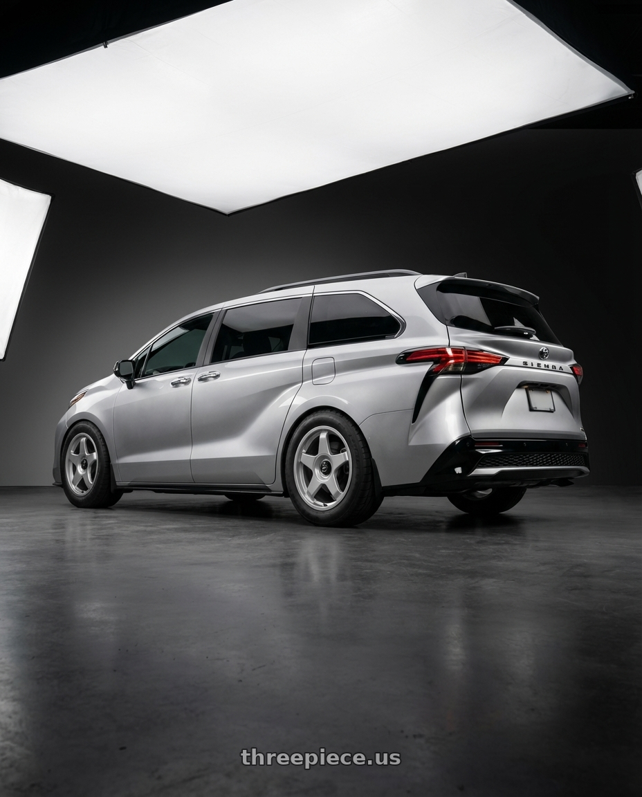 2022 Toyota Sienna XSE silver with fifteen52 CHICANE 5x114.3 / 5x120 19x8.5 +35 SPEED SILVER (GLOSS SILVER) wheels rear three quarter view meaty tires