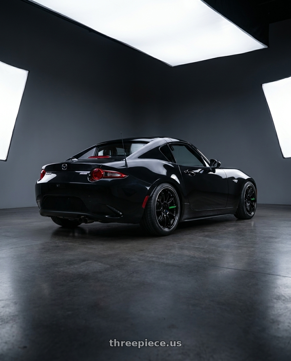 2018 Mazda Mx-5 with Work Emotion Zr10 5x100 17x8 +35 Black Diamond Lip Cut wheels rear three quarter view square tires