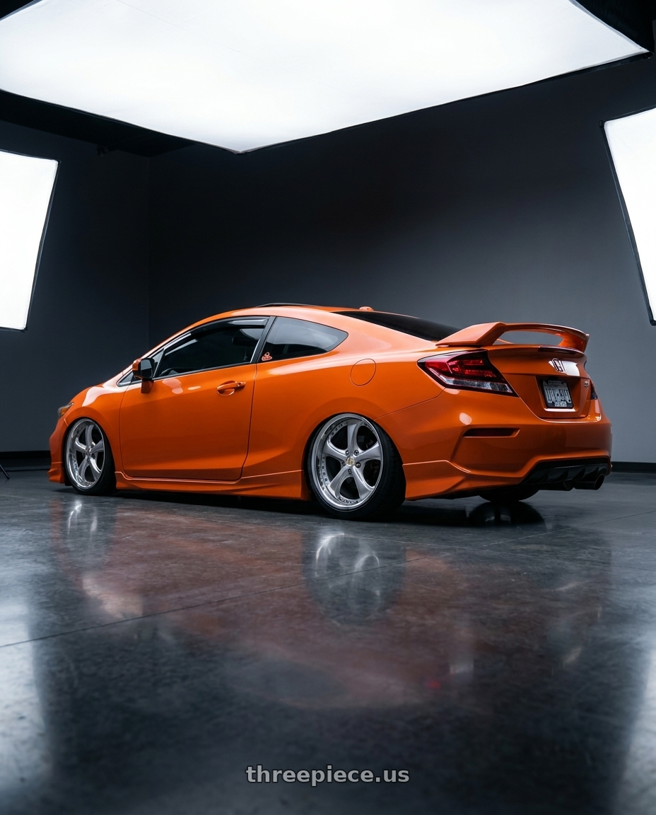 2015 honda civic si coupe with Work Wheels VS-KF 5x114.3 18x8.5+35 Light Grey Silver L Disk FULL REVERSE wheels rear three quarter view slight stretch tires