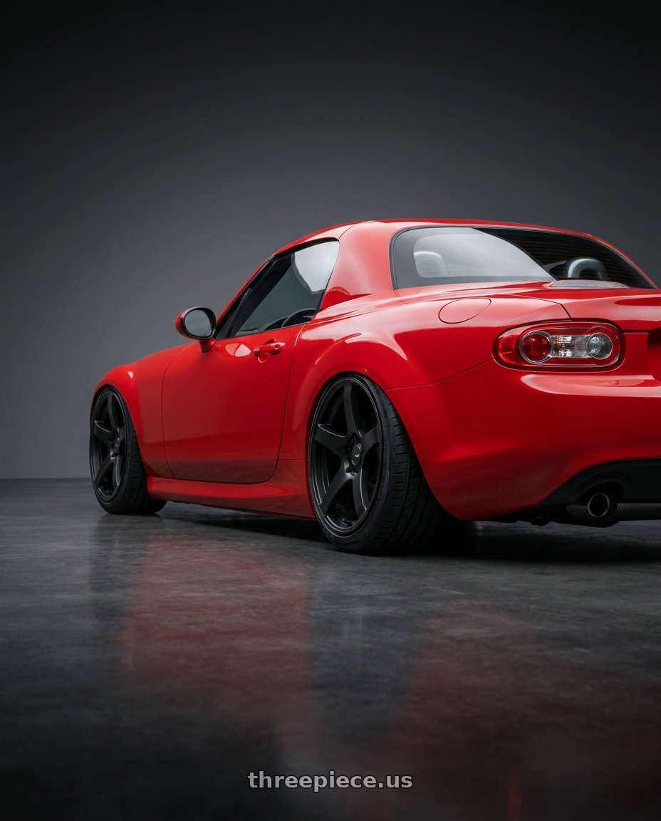 2012 Mazda MX-5 Miata NC with Ssr Gtv01 5x114.3 17x7+42  FLAT BLACK wheels rear three quarter view slight stretch tires