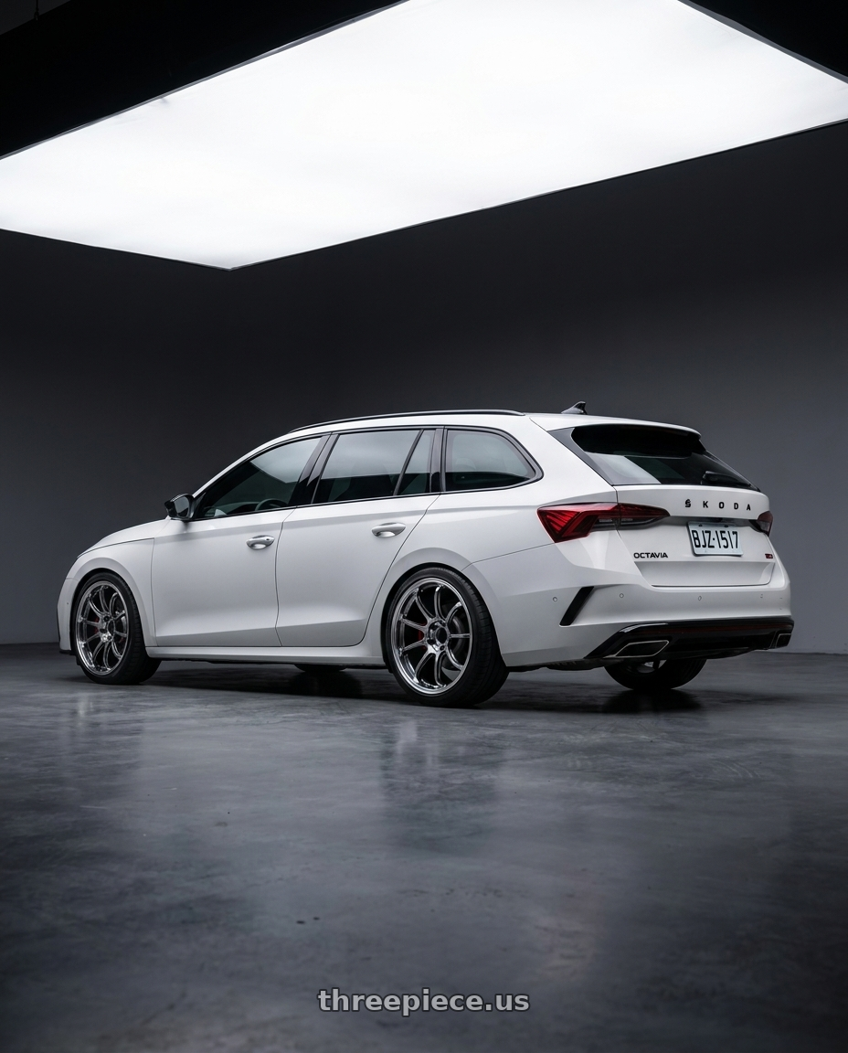 2023 Octavia combi RS with Advan Racing RZ-DF2 5x112 19x8.5 +45 DIAMOND CUT & HYPER PLATINUM BLACK wheels rear three quarter view square tires