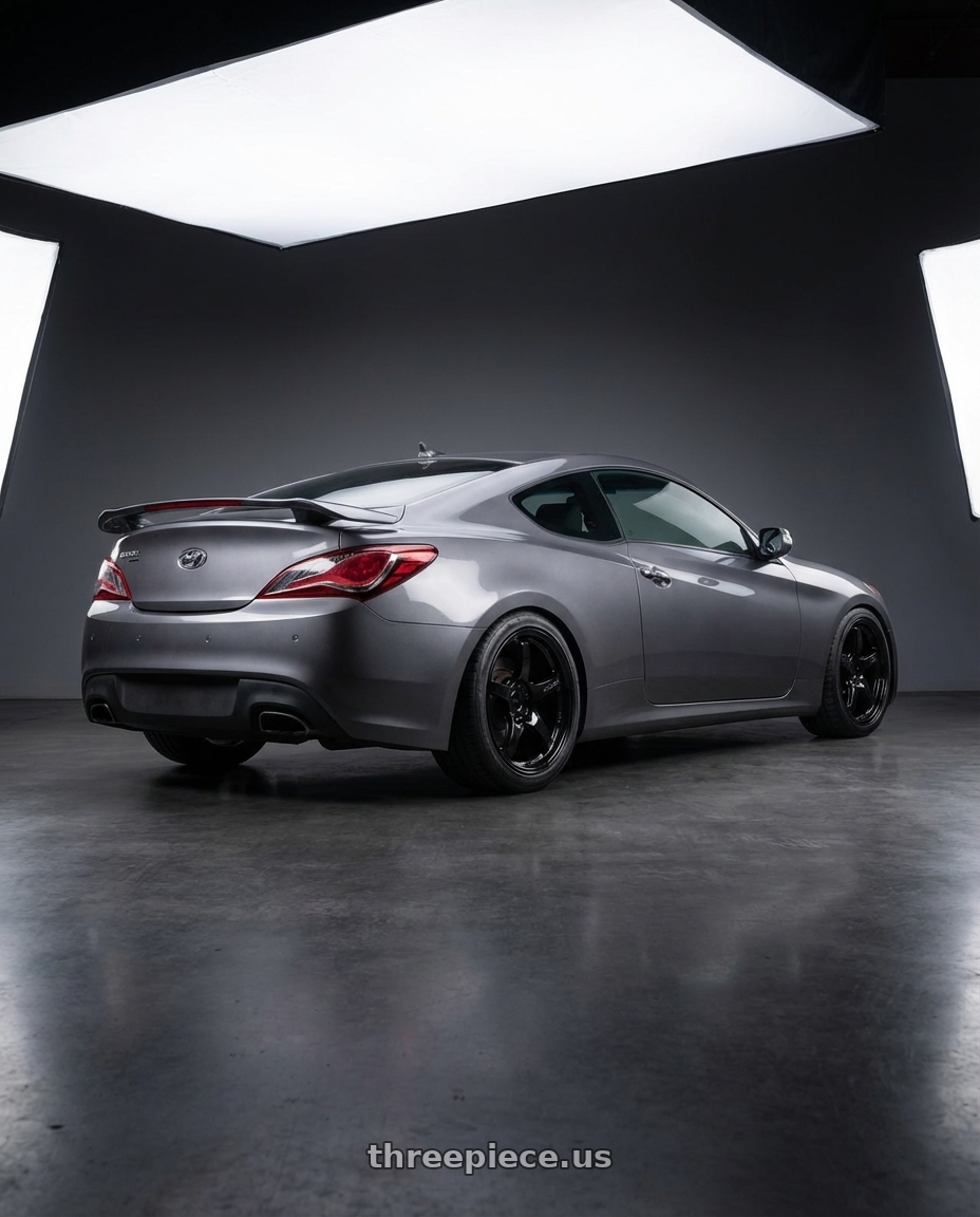 2014 Hyundai Genesis Coupe with Gram Lights 57CR 5x114.3 19x9.5+35 Glossy Black wheels rear three quarter view square tires