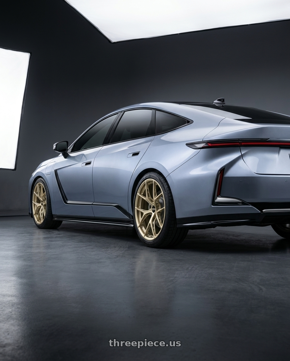 2027 LEXUS ES500e with BBS FI-R Evo 5x112 19x9.5+15 White Gold wheels rear three quarter view slight stretch tires