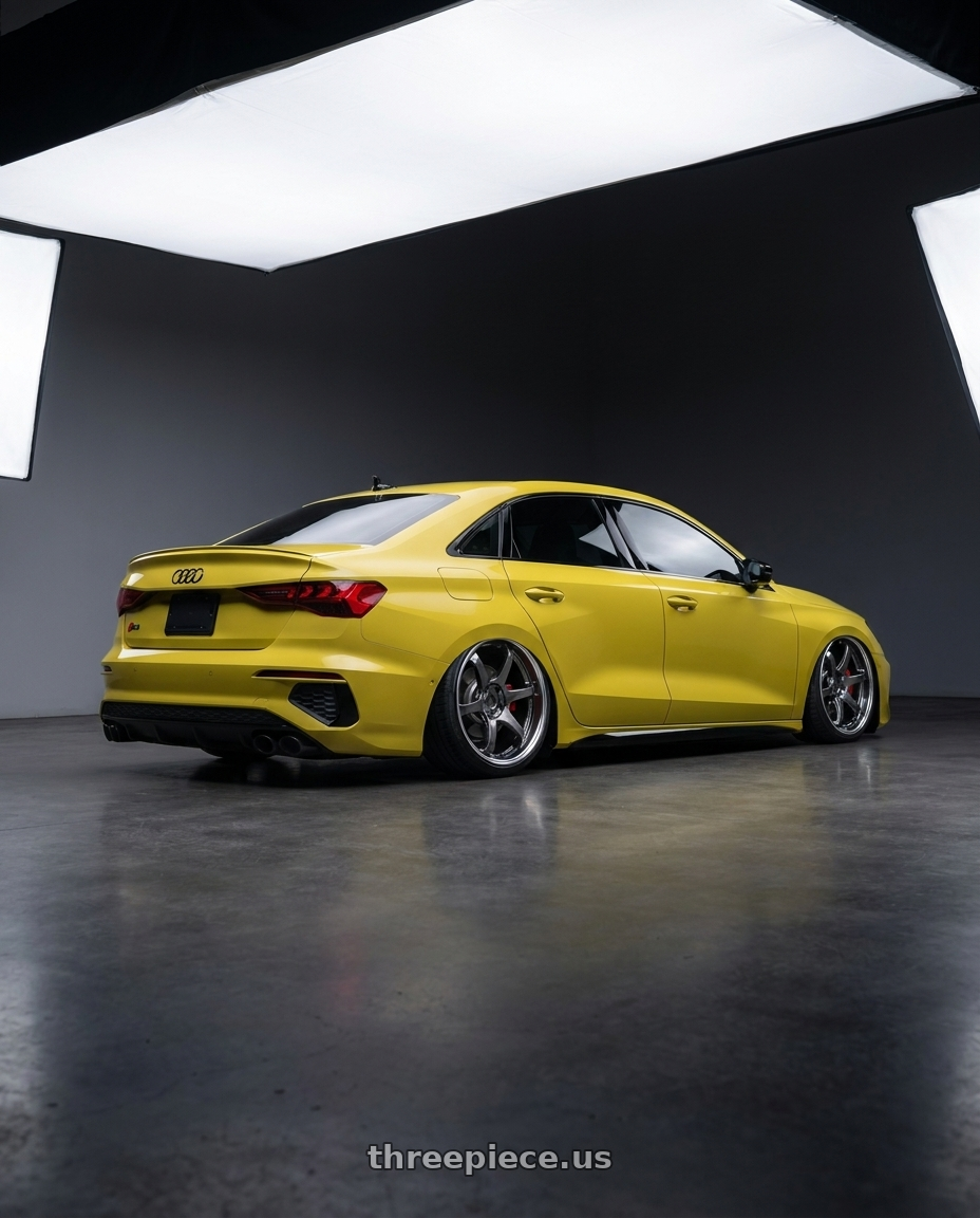 2023 Audi S3 with Ssr Reiner Type 6S 5x112 19X8 38 Hyper Disk Prism Dark Gunmetal wheels rear three quarter view slight stretch tires