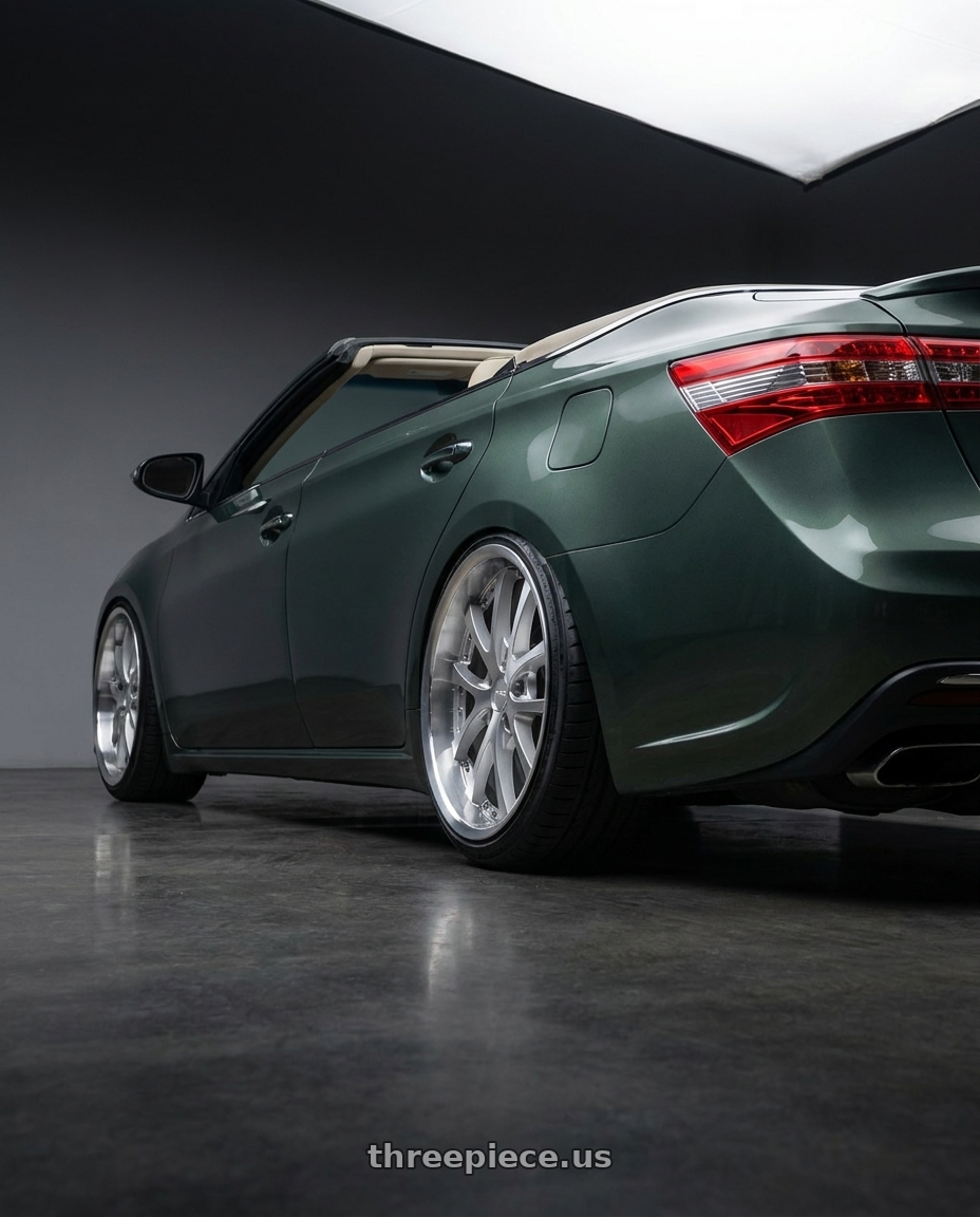 2013 toyota avalon with Vors AR5 5x110 19x9.5 +35 Silver Machine Face Lip Chrome Rivet wheels rear three quarter view extreme stretch tires