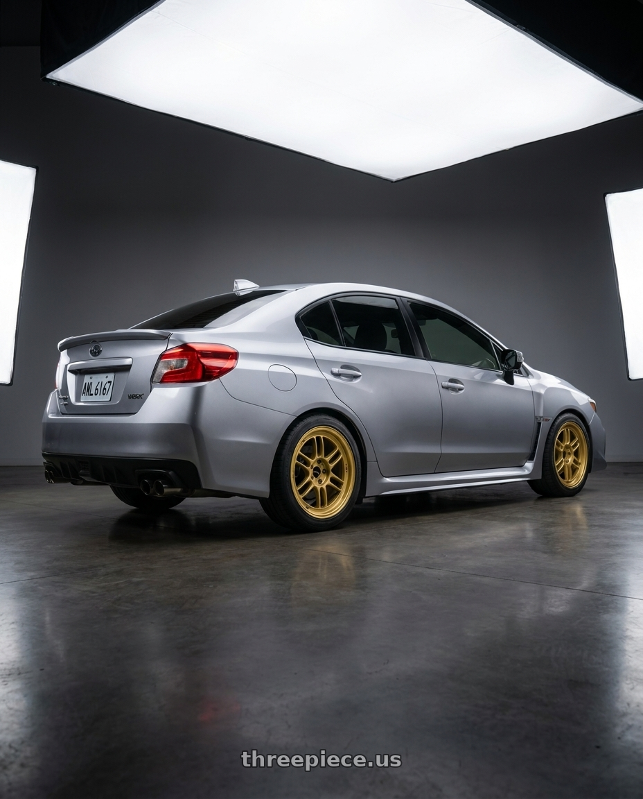 2018  SUBARU  WRX with Enkei RPF1 5x114.3 18x8.5+40 Gold wheels rear three quarter view square tires