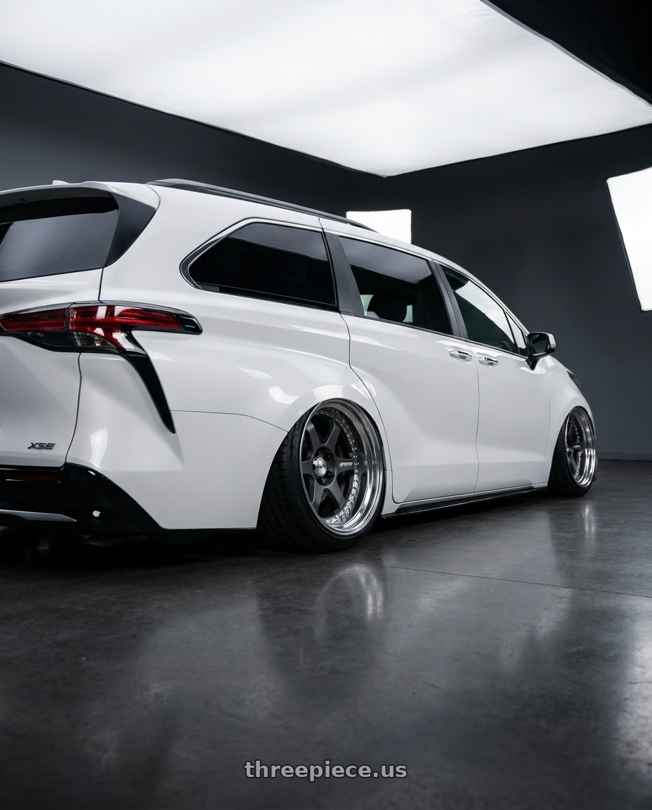 2025 TOYOTA SIENNA XSE with Work Meister L1 3P 5x100 18x10+19 A Disk Matte Gunmetal wheels rear three quarter view extreme stretch tires