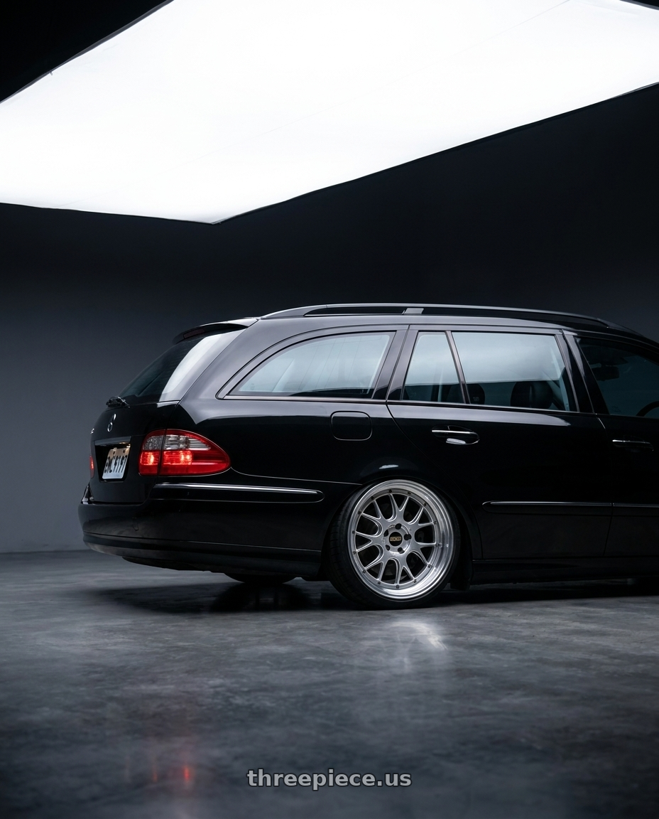 2004 s211 E320 with BBS LM-R 5x112 19x9.5+38 Diamond Silver wheels rear three quarter view square tires