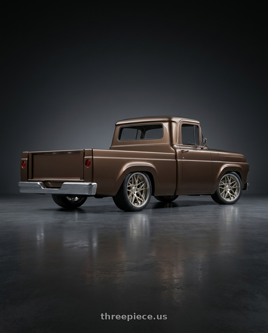 1960 ford f100 with Work Gnosis Cvx 5x114.3 20x9.5+45 H Disk Buff Finish wheels rear three quarter view square tires