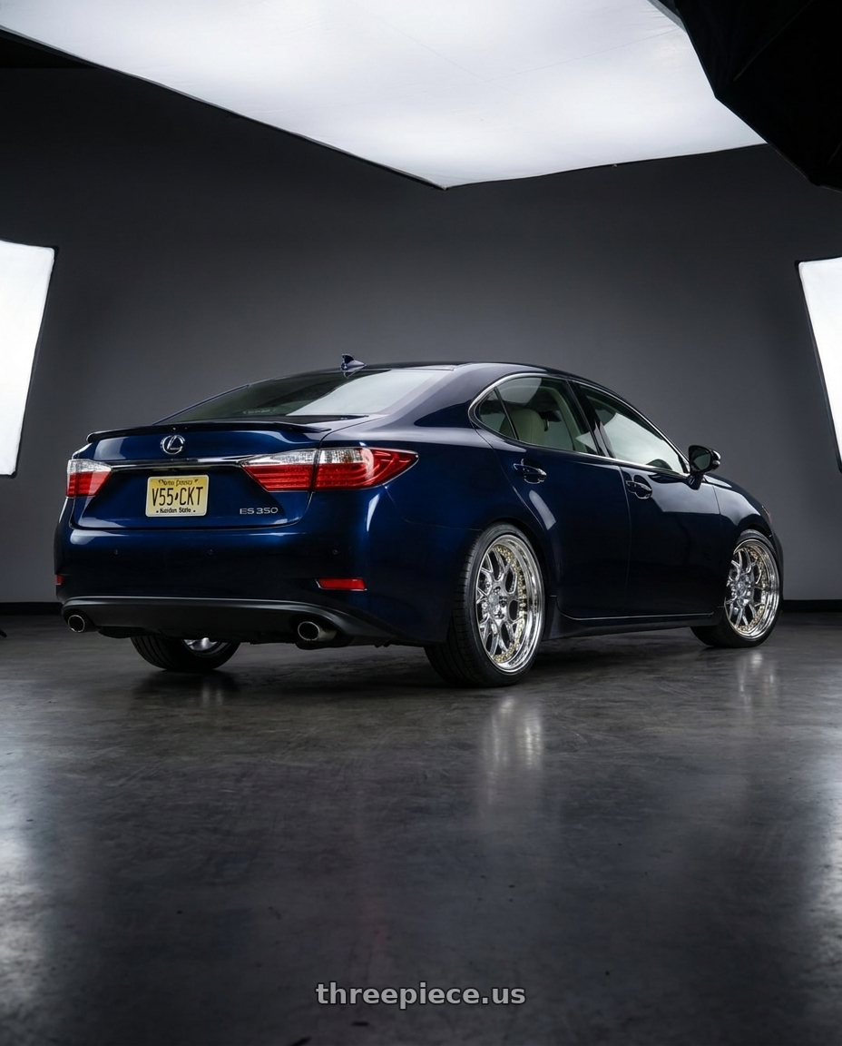 2014 Lexus ES350 with Aodhan DS01 5x114.3 18x8.5+35 Vacuum Chrome W/ Gold Rivets wheels rear three quarter view square tires