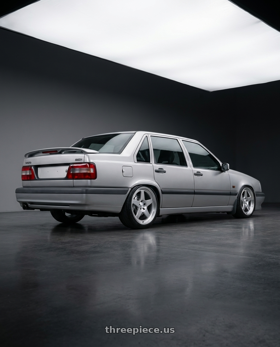1996 Volvo 850 GLE, 850R Wing, 850R Bumper, Big brake kit with chrome 6 piston calipers, nankang semi slick tyres. with Kansei K12H KNP 5X108 18x8.5 35 Hyper Silver wheels rear three quarter view slight stretch tires
