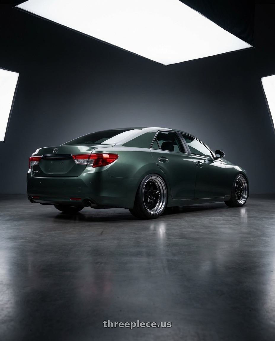 2014 Toyota Mark X with Work Meister S1 3P 5x100 18x8.5+29 A Disk Black wheels rear three quarter view square tires