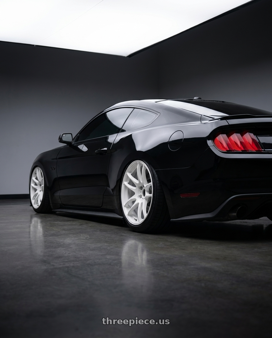 2017 Ford Mustang GT, BLACK with Work Emotion CR Kiwami wheels rear three quarter view slight stretch tires