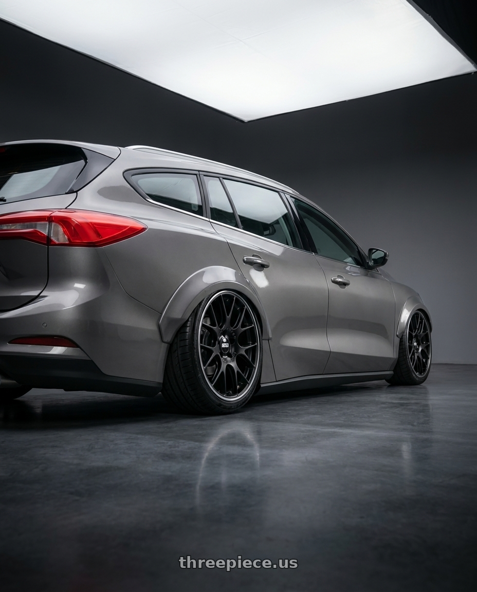 2023 Ford focus wagon with BBS CH-R 5x130 19x8.5 +51 Satin Black Polished Rim Protector wheels rear three quarter view slight stretch tires
