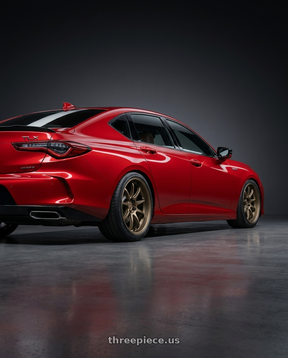 2021 Acura tlx with Work Emotion D9r 5x100 19x9.5 +38 Matte Bronze wheels rear three quarter view slight stretch tires