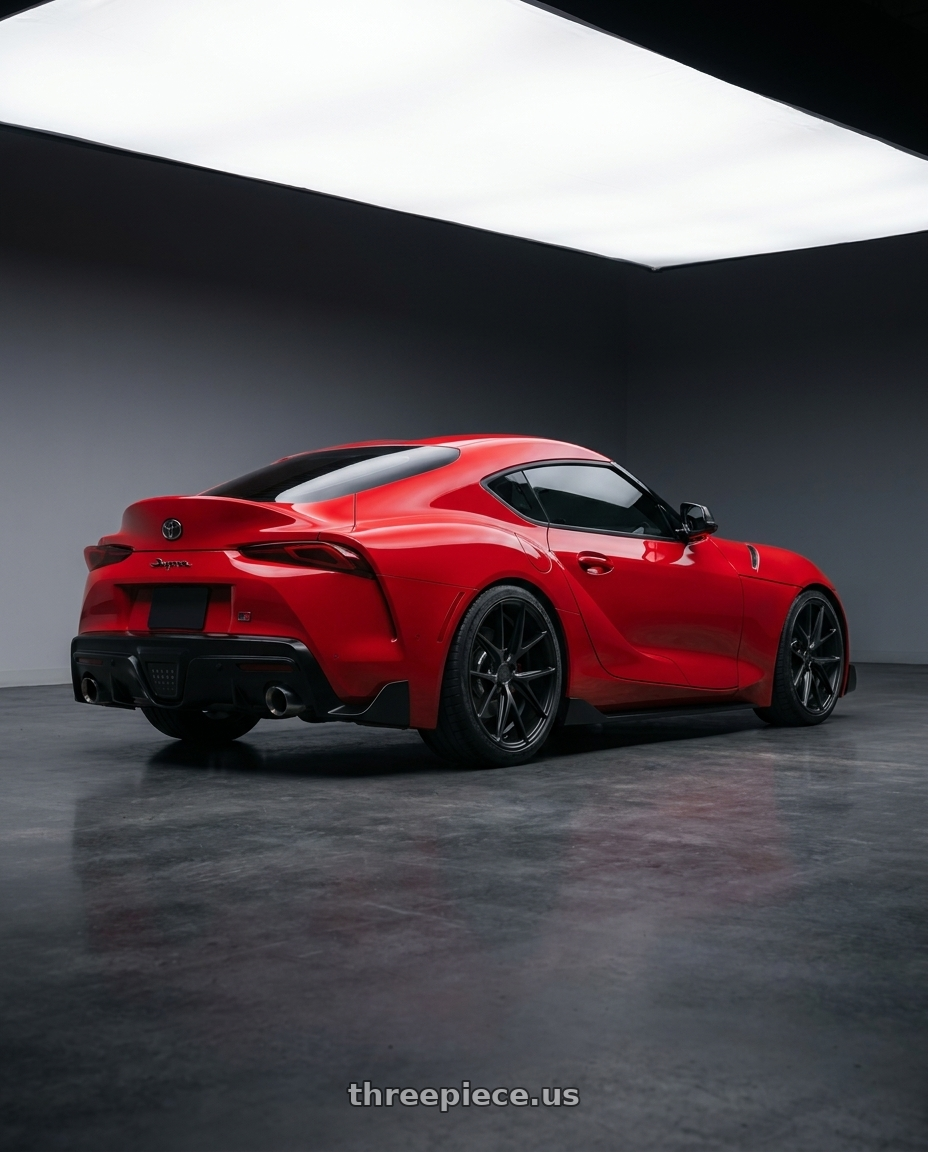 2023 Toyota GR Supra with Niche 1PC M117 MISANO 5X112 19X8.5 +34 MATTE BLACK wheels rear three quarter view square tires