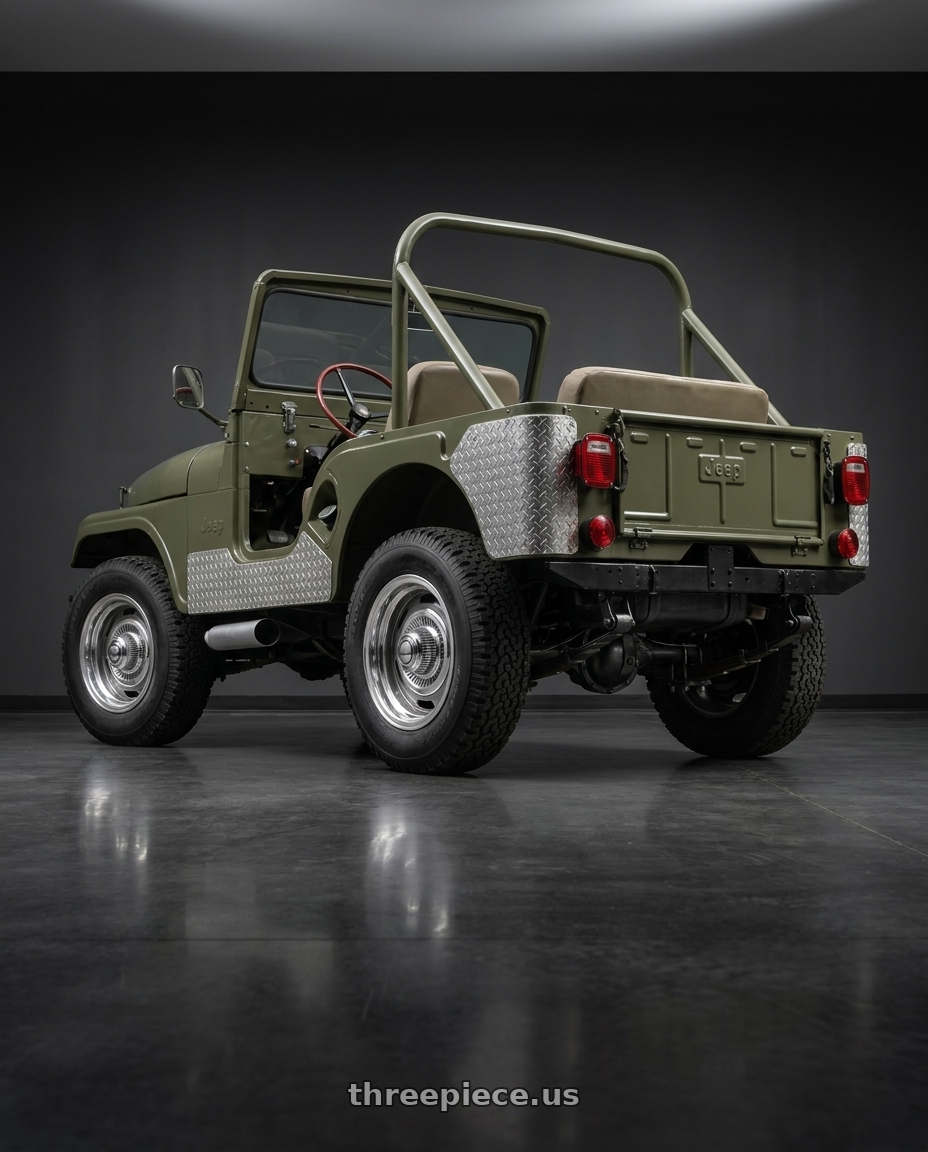 1967 Jeep CJ5 with Vision American-Muscle 55 Rally 5x139.7 15x8-12 Silver wheels rear three quarter view square tires