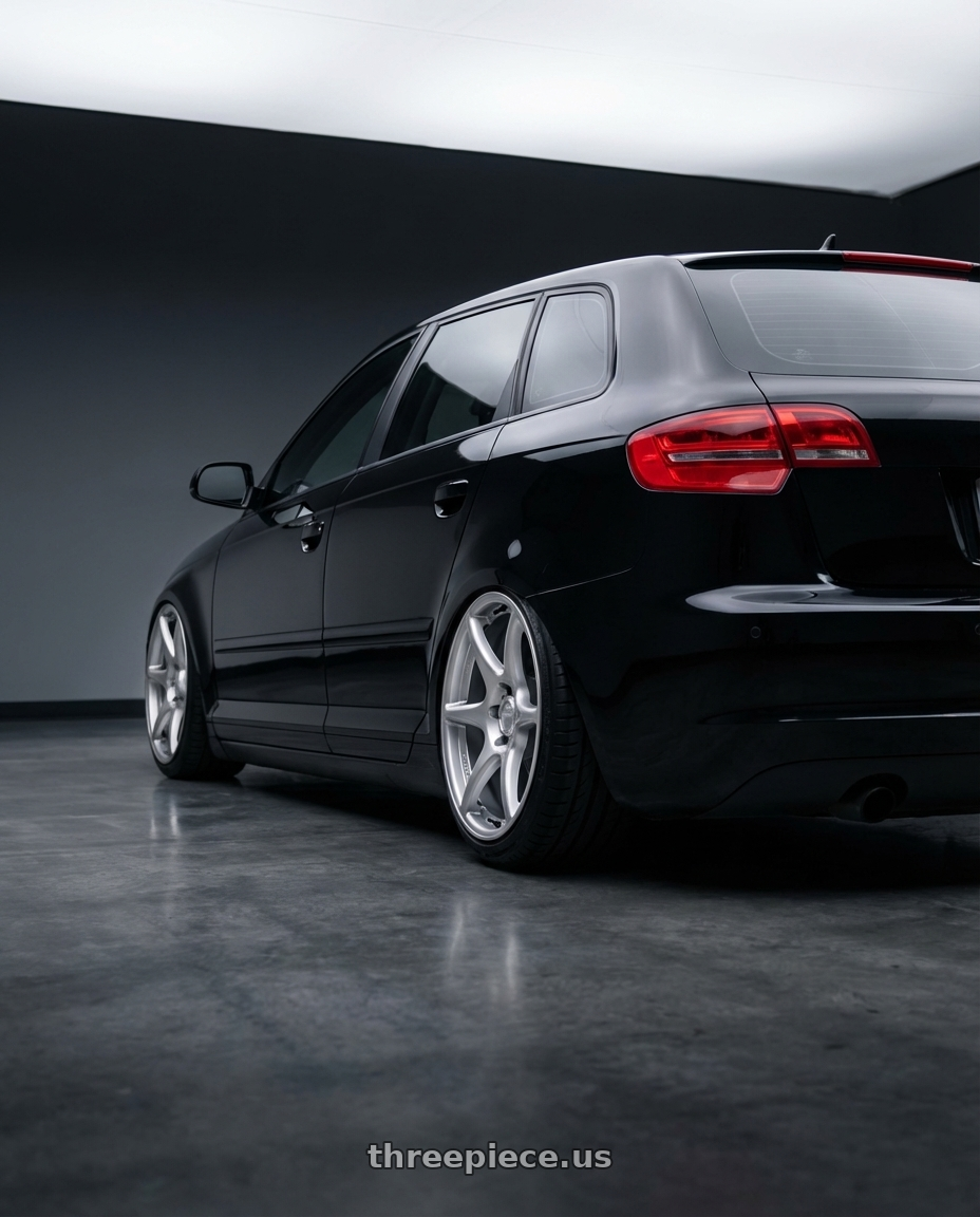 2012 Audi A3 8P with Kansei K11S Tandem 5X112 19x10.5 22 Hyper Silver wheels rear three quarter view slight stretch tires