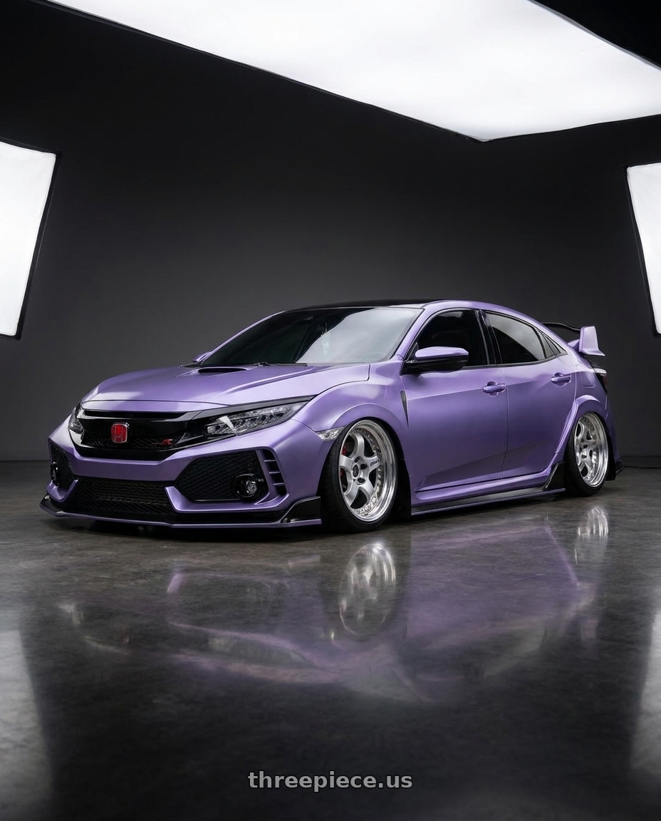 2019 Honda Civic Type R with Work Meister S1 3P 5x120 18x9.5+41 A Disk Silver wheels front three quarter view slammed stance