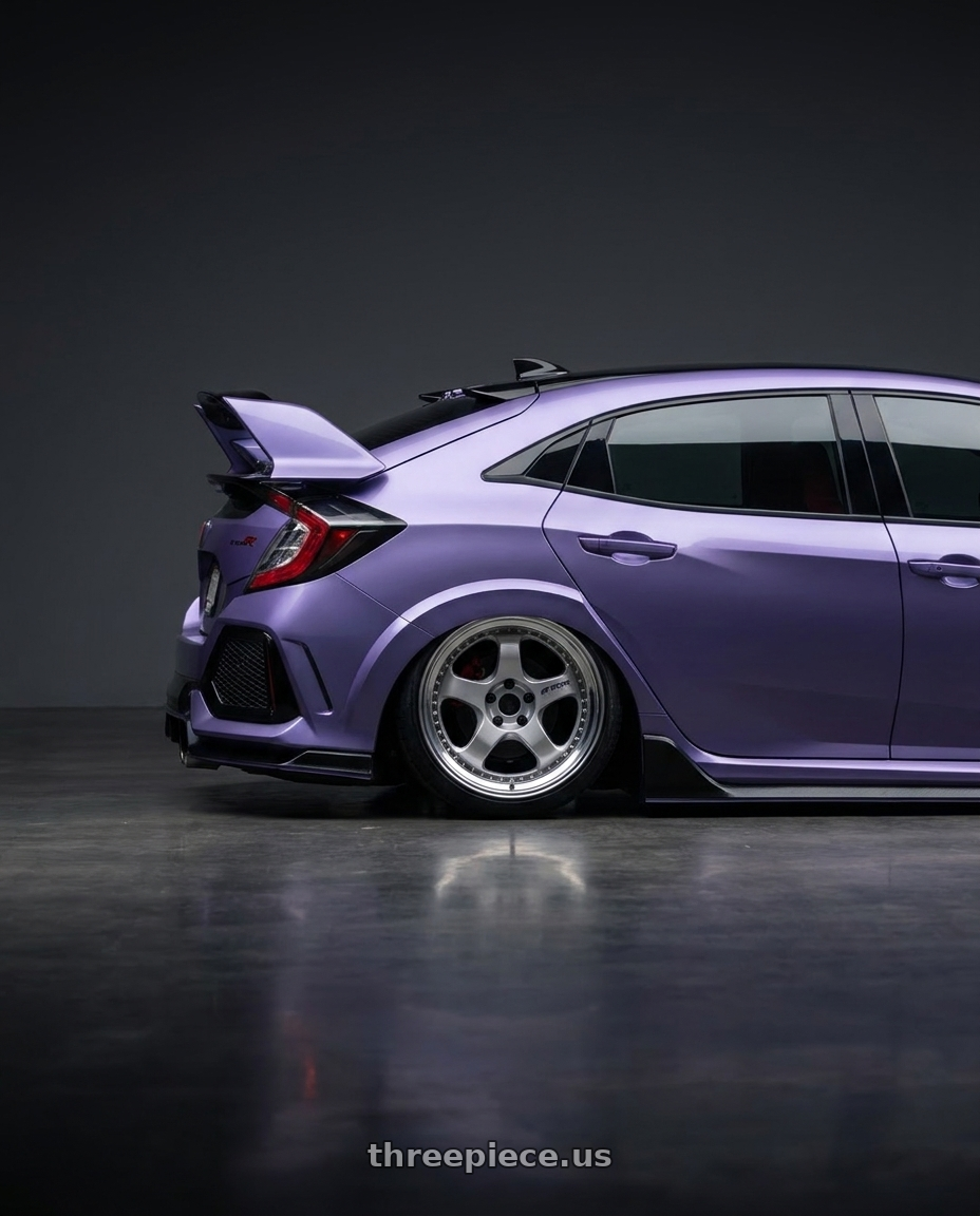 2019 Honda Civic Type R with Work Meister S1 3P 5x120 18x9.5+41 A Disk Silver wheels rear three quarter view slight stretch tires