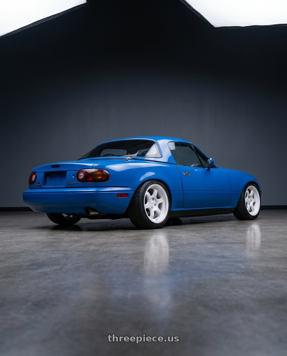 1992 NA Mazda Miata with 9six9 SIX-1 Deep 4x100 15X8 +20 Competition White wheels rear three quarter view square tires