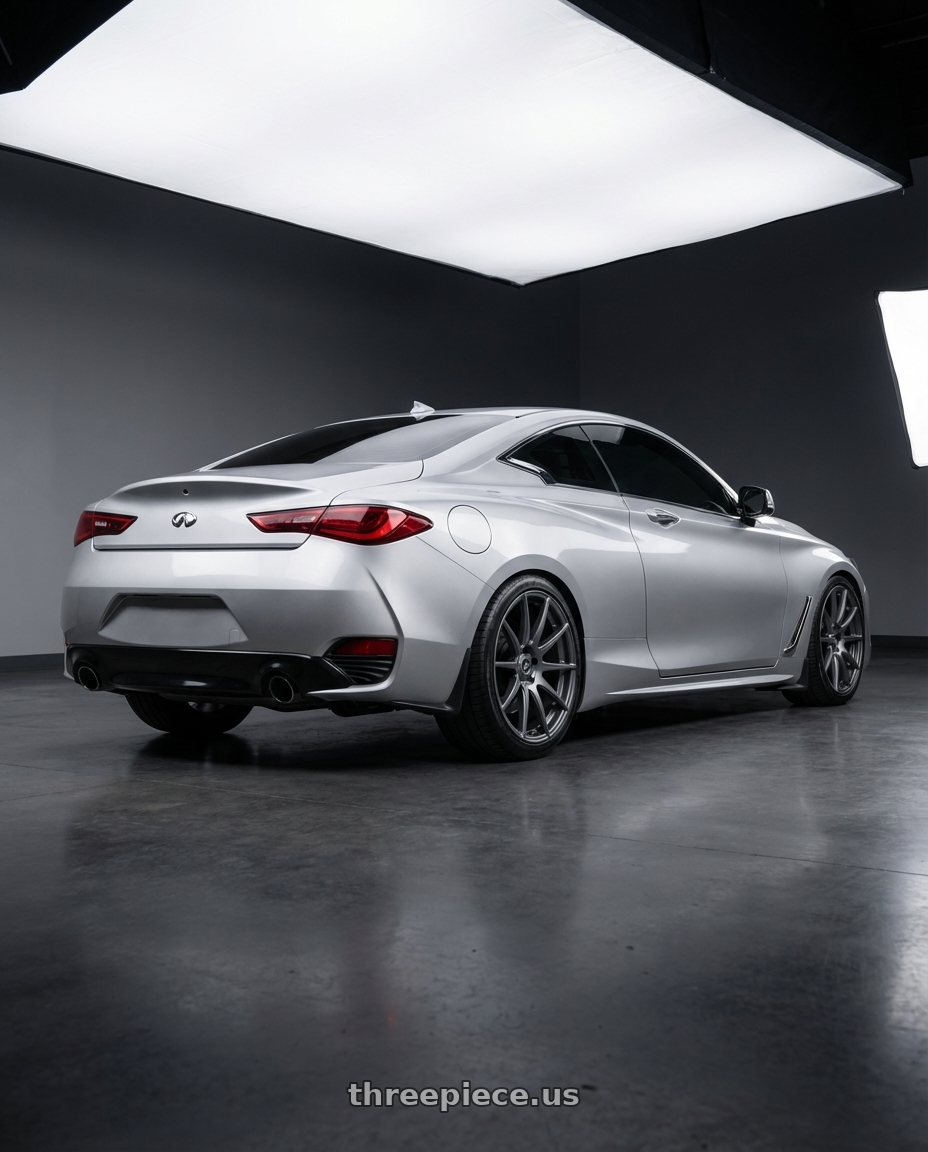 2020 Infiniti Q60 with Forgestar CF10 5x114.3 19x9 +35 Gloss Anthracite wheels rear three quarter view square tires
