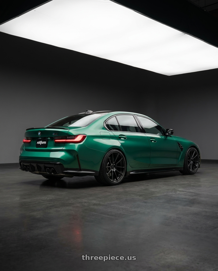 2023 Bmw G80M3 with Rotiform 1PC R122 SPF 5X112 18X8.5 +35 MATTE BLACK wheels rear three quarter view square tires