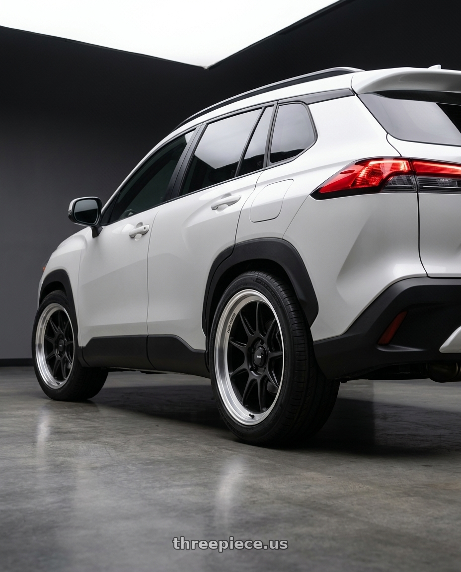 Corolla Cross 2022 with Konig Countergram 5x112 19x11+40 Matte Black / Matte Machined Lip wheels rear three quarter view square tires