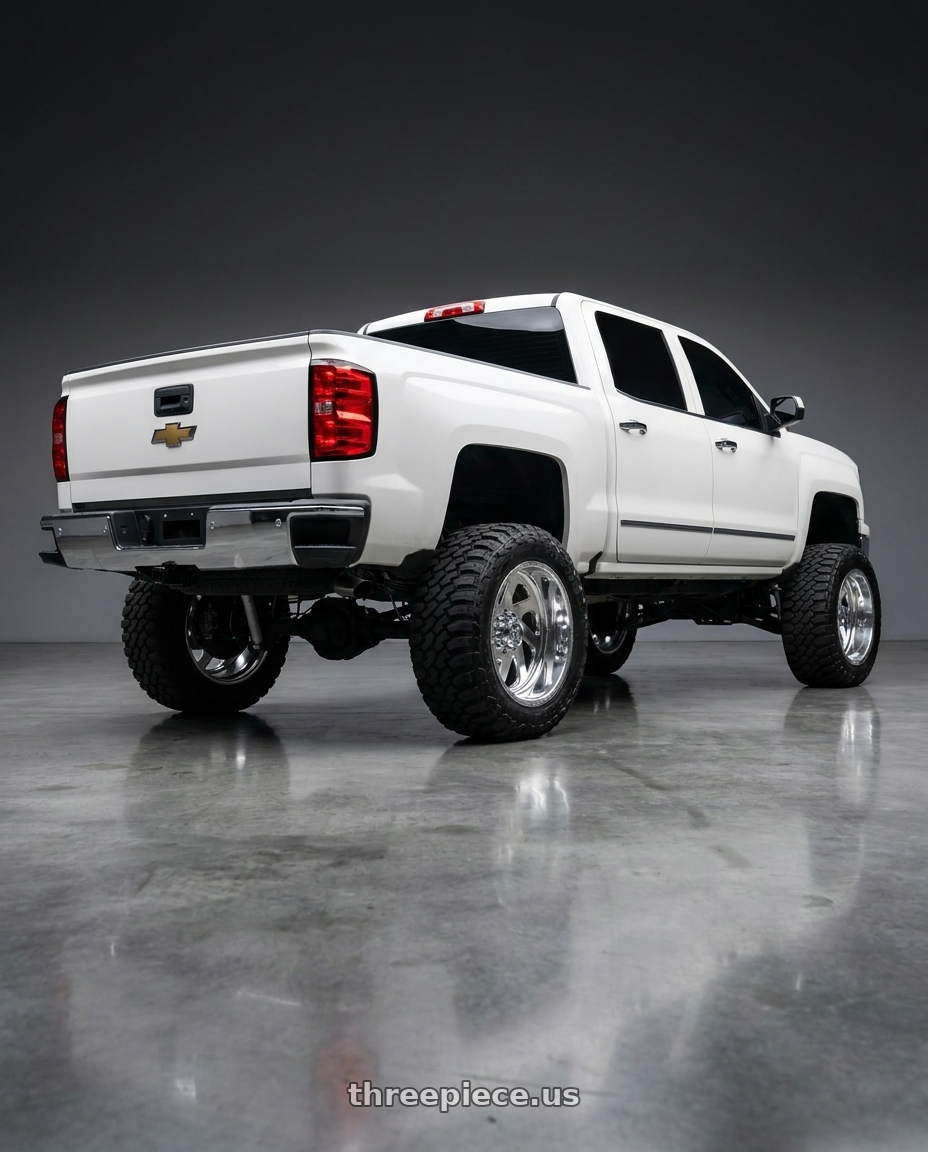 2015 Chevrolet Silverado 1500 with American Force H30 BANSHEE SS 6x139.7 24x12 -40 Polished wheels rear three quarter view meaty tires