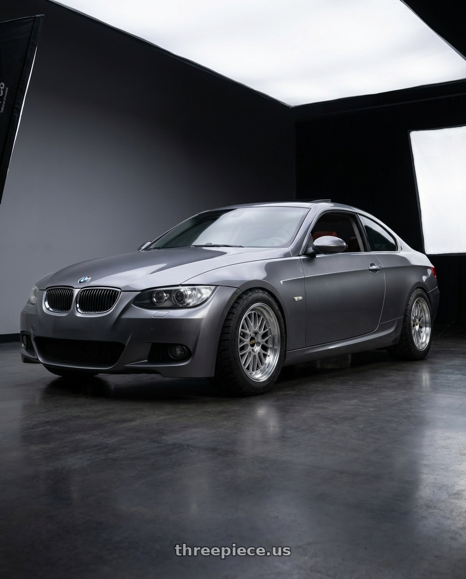 2008 bmw 335i space gray with BBS LM 5x114.3 17x7.5+38 Diamond Silver wheels front three quarter view lowered stance