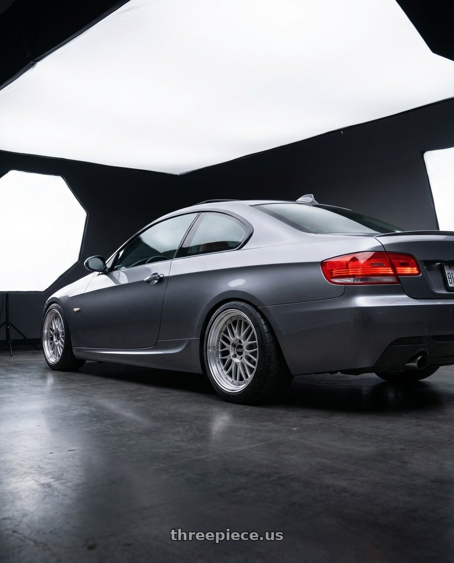 2008 bmw 335i space gray with BBS LM 5x114.3 17x7.5+38 Diamond Silver wheels rear three quarter view meaty tires