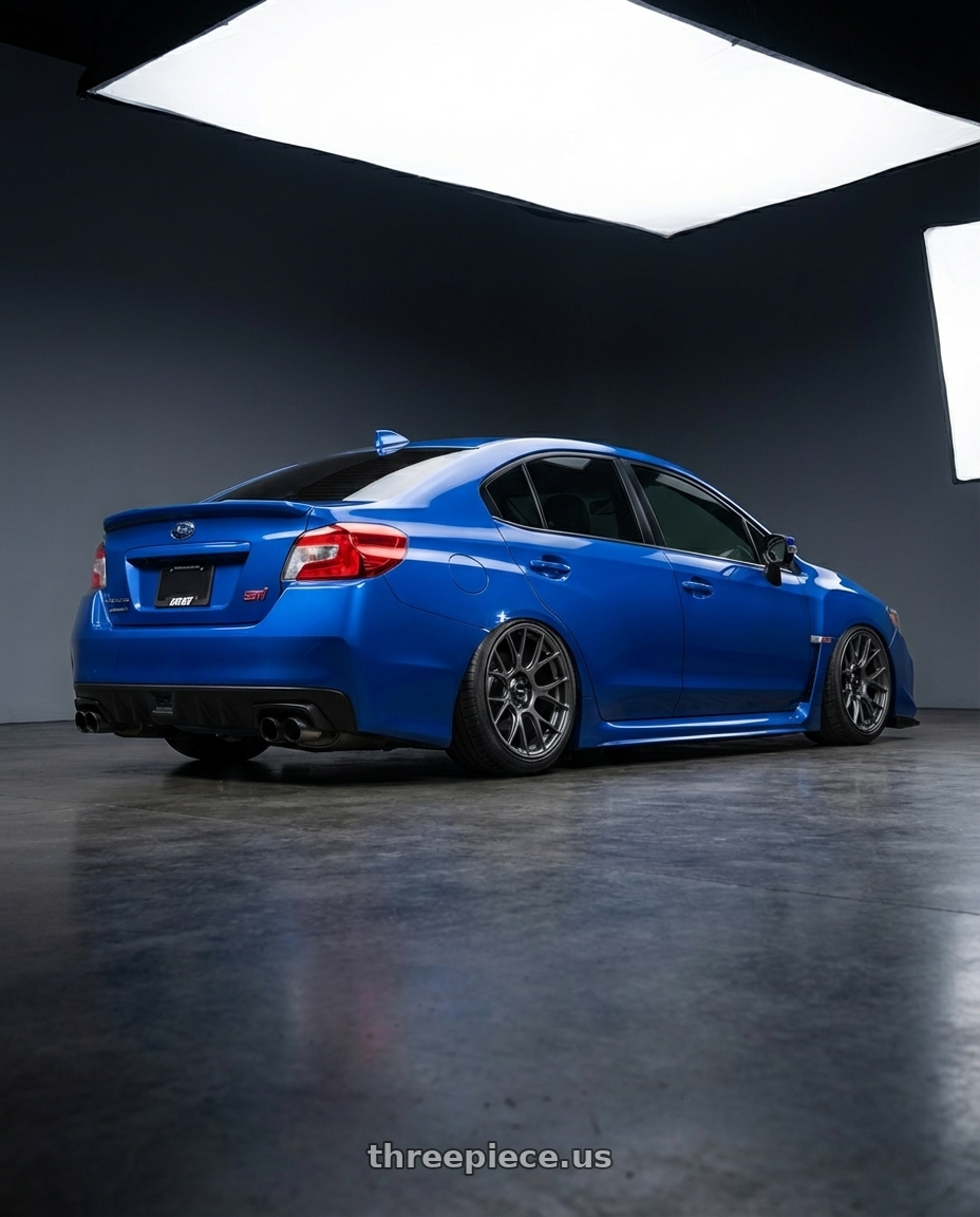 2018 Subaru WRX STI with Konig Ampliform 5x114.3 18x8.5+45 Dark Metallic Graphite wheels rear three quarter view slight stretch tires