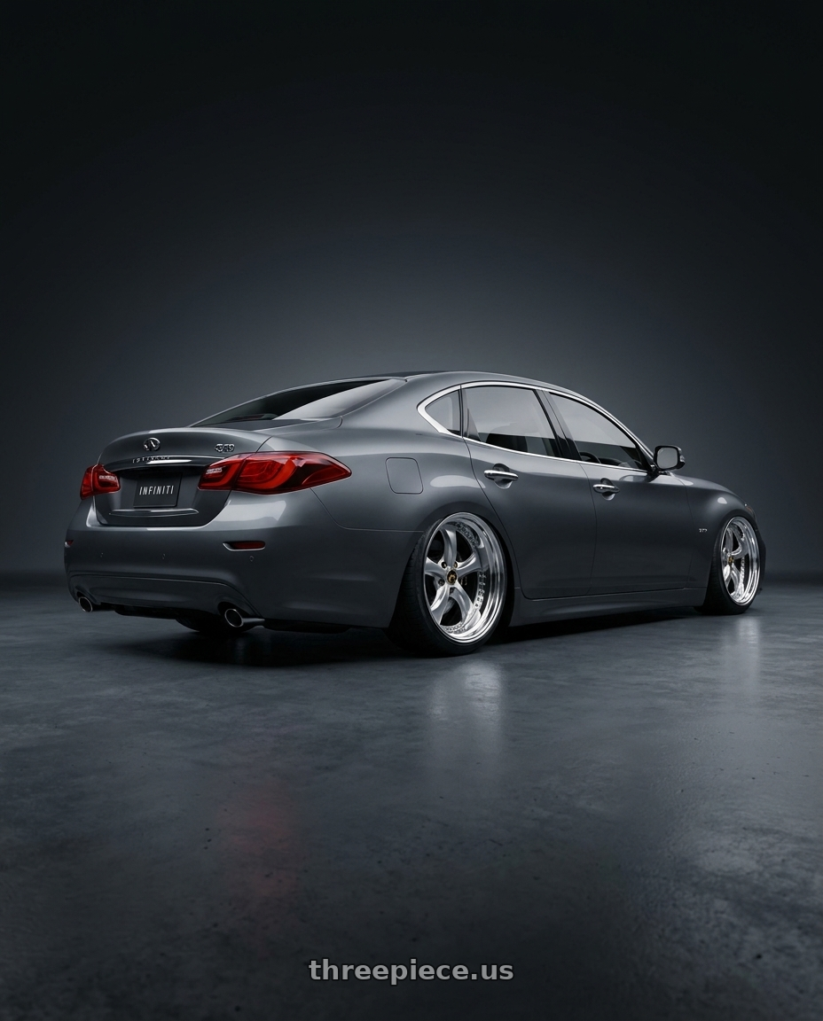 2016 Infiniti Q70 JP spec with Work Wheels VS-KF 5X114.3 19x7.5+34 Brilliant Silver Black A Disk FULL REVERSE wheels rear three quarter view square tires