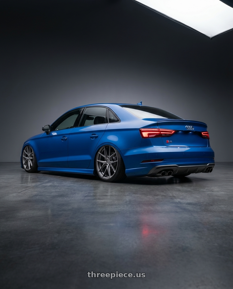2019 Audi S3 8V with Niche 1PC M116 MISANO 5X112 19X9.5 +35 MATTE GUN METAL wheels rear three quarter view slight stretch tires