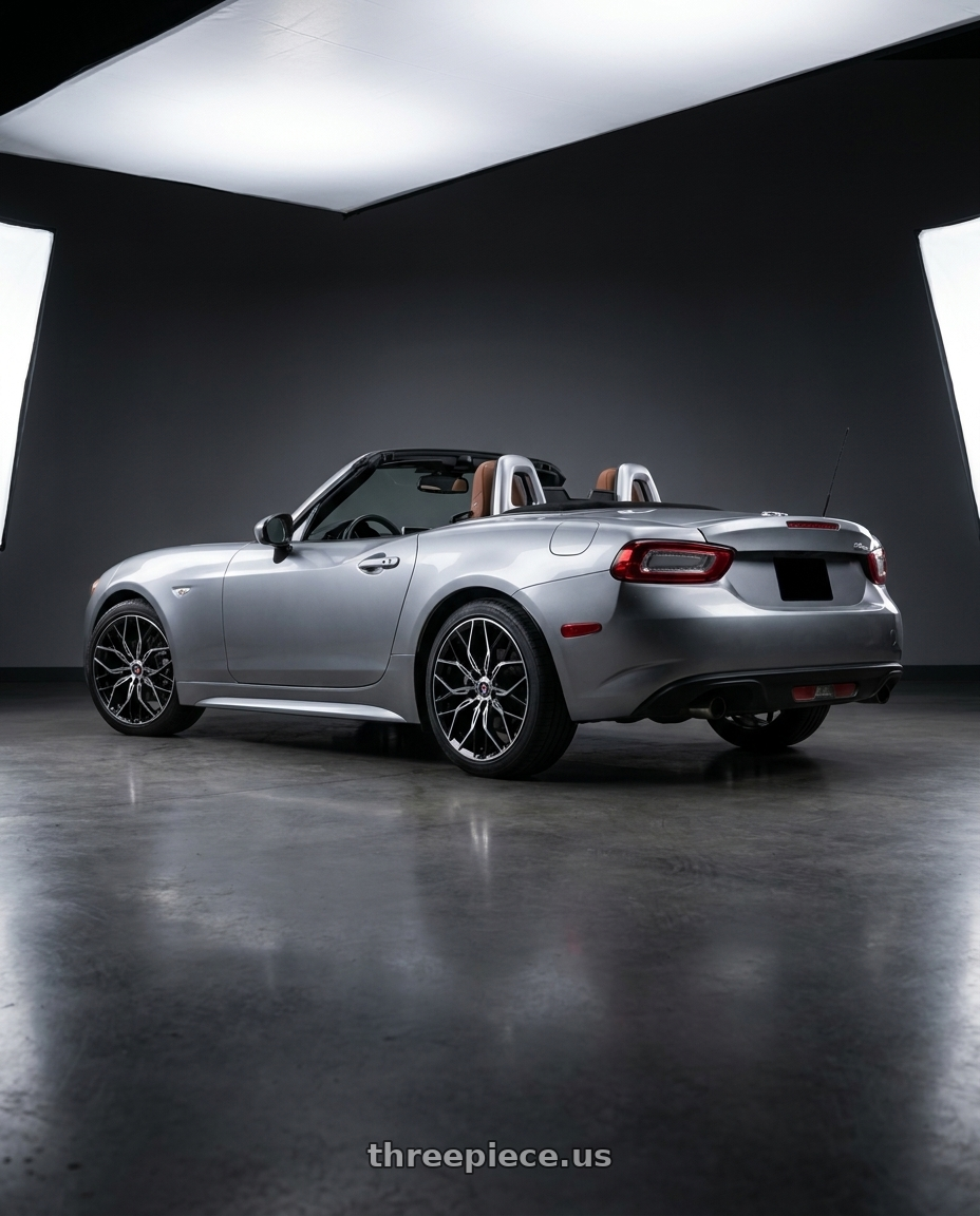 2017 fiat spider 124 with Spec-1 SP-57 4x100/4x114.3 18x8 +38 Gloss Black & Machined wheels rear three quarter view square tires